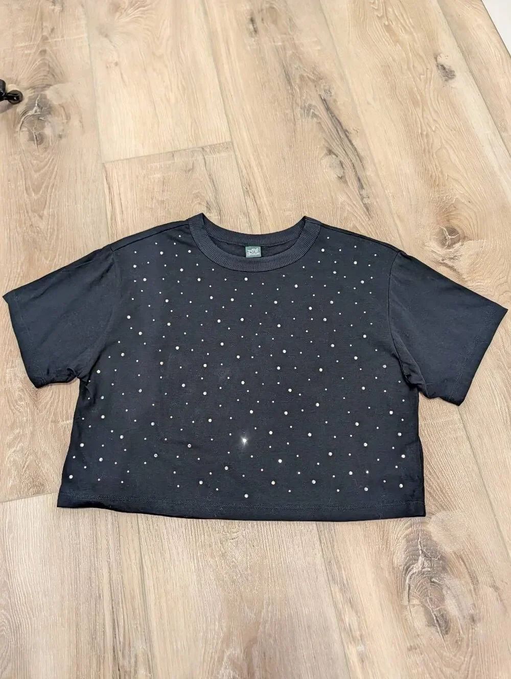 Wild Fable Black AB Rhinestone Crop Top Small Festival Boho Gypsy Western Tee